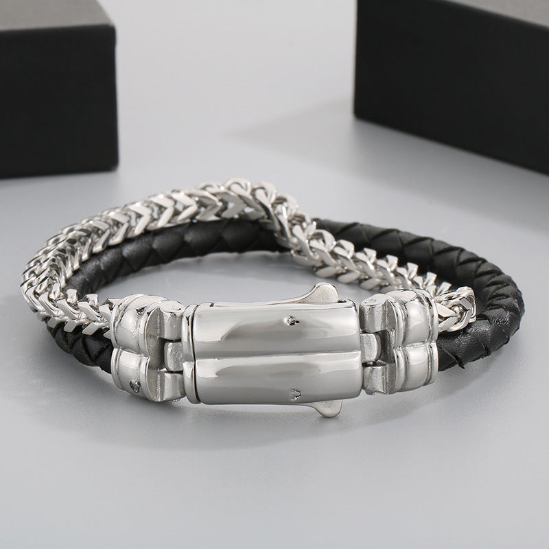 Stylish & Double-Layer Spliced Leather Bracelet – Vacuum Electroplated Spring Buckle