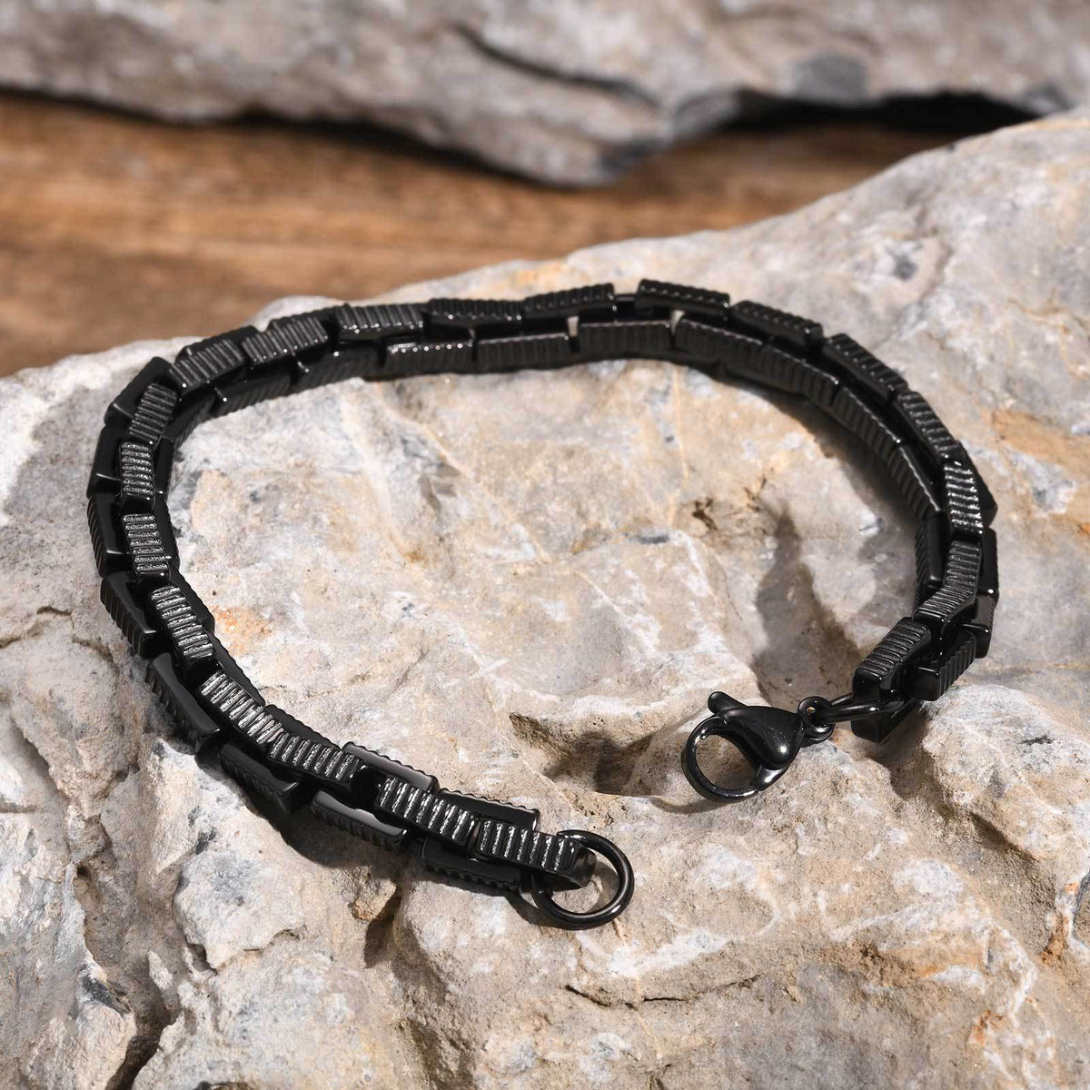 Hip Hop Men's Stainless Steel Embossed Square Handmade Chain Bracelet Black