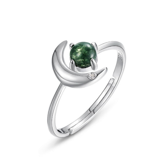S925 Sterling Silver Moss Agate Star & Moon Ring