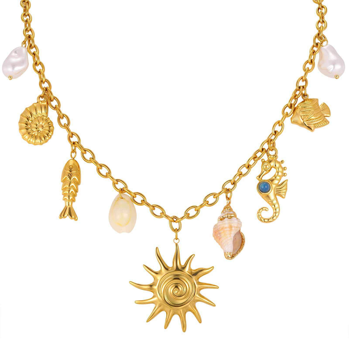 Ocean Wind Stainless Steel Pearl Conch Fish Shell Sun Seahorse Hollow Fish Necklace
