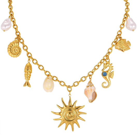 Ocean Wind Stainless Steel Pearl Conch Fish Shell Sun Seahorse Hollow Fish Necklace