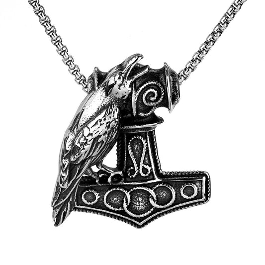 Vintage Stainless Steel Men's Viking Raven Thor Hammer Necklace