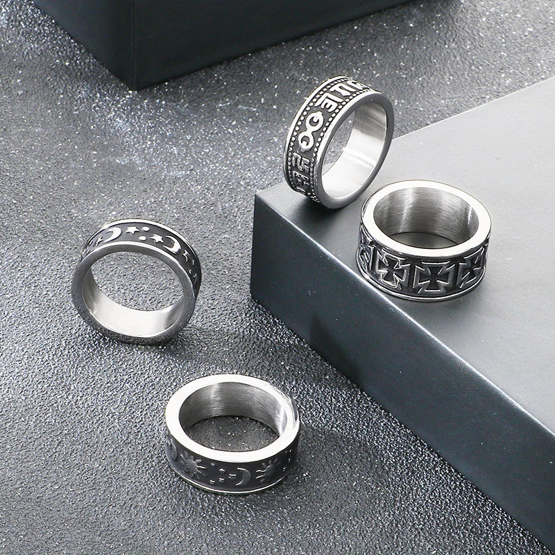 Retro Sun And Moon Tonghui Stainless Steel Ring, Punk Cross Star Moon Stainless