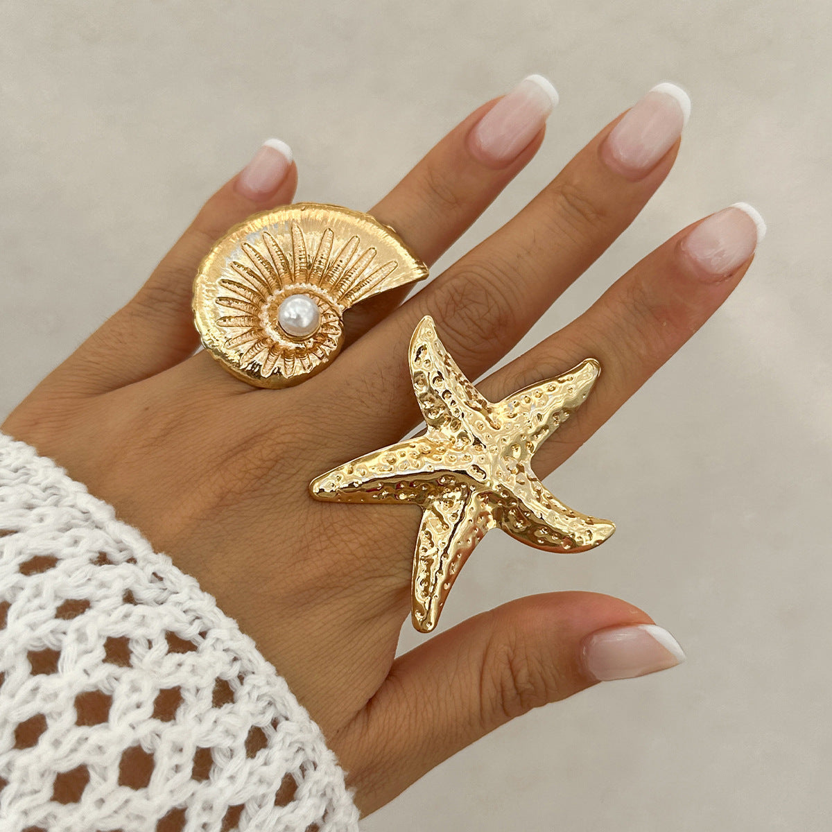Planderful Vienna Verve Ring – Adjustable Beach-Inspired Design with Starfish and Pearl Accents