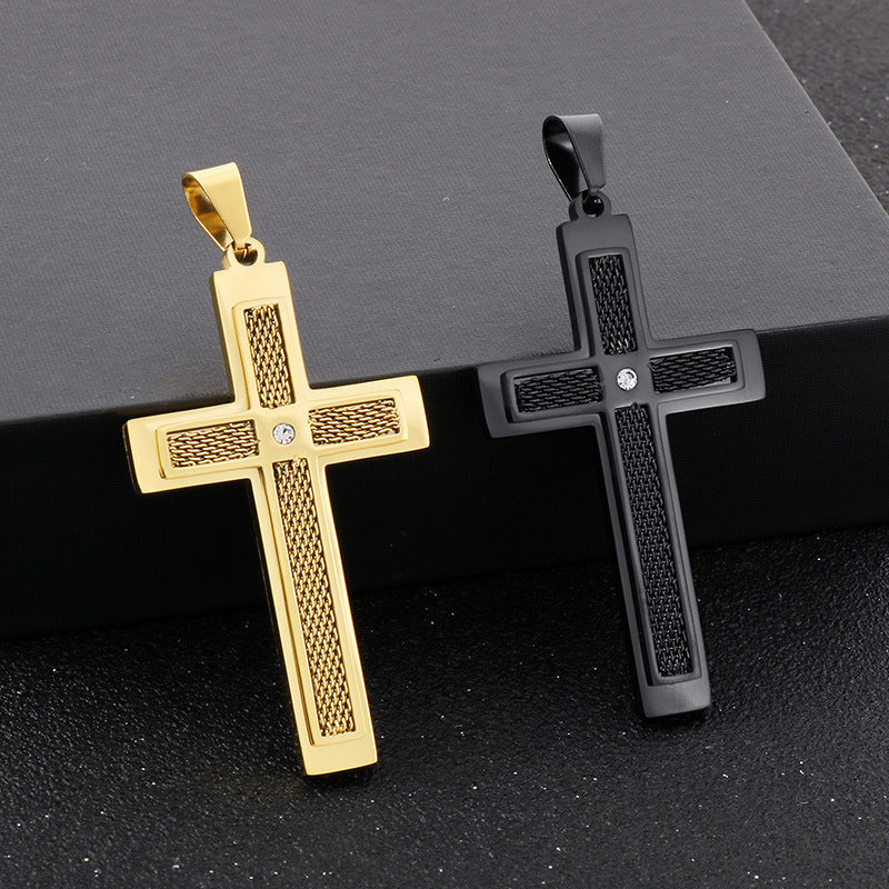 Street Pendant, Zircon Double-Layer Mesh Cross Stainless Steel Man Pendant Necklace