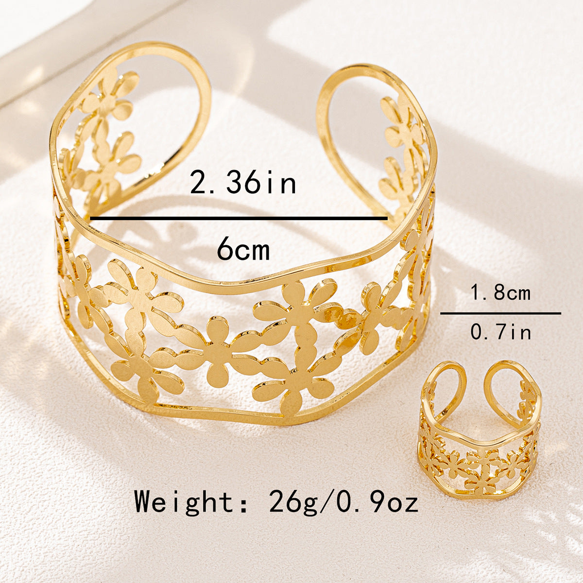 Fashion Metal Hollow Flower Bracelet Ring Set for Women