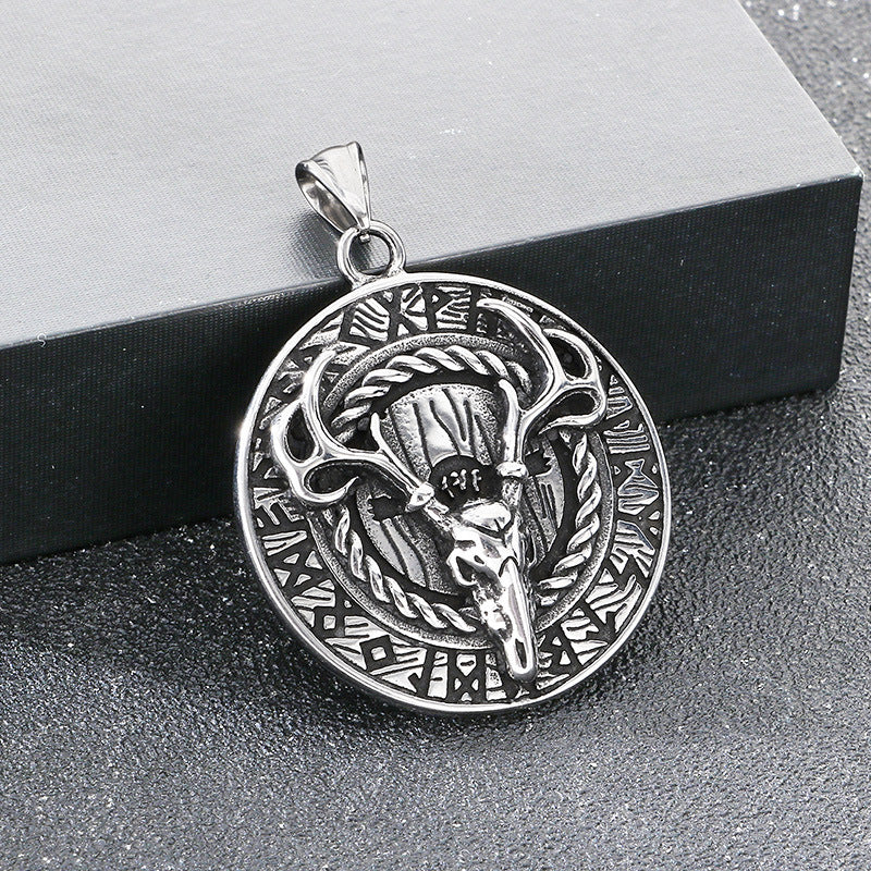 Viking Mythology World Tree Double Wolf Disc Pendant, Nordic Luhn Rune Crow Deer Necklace