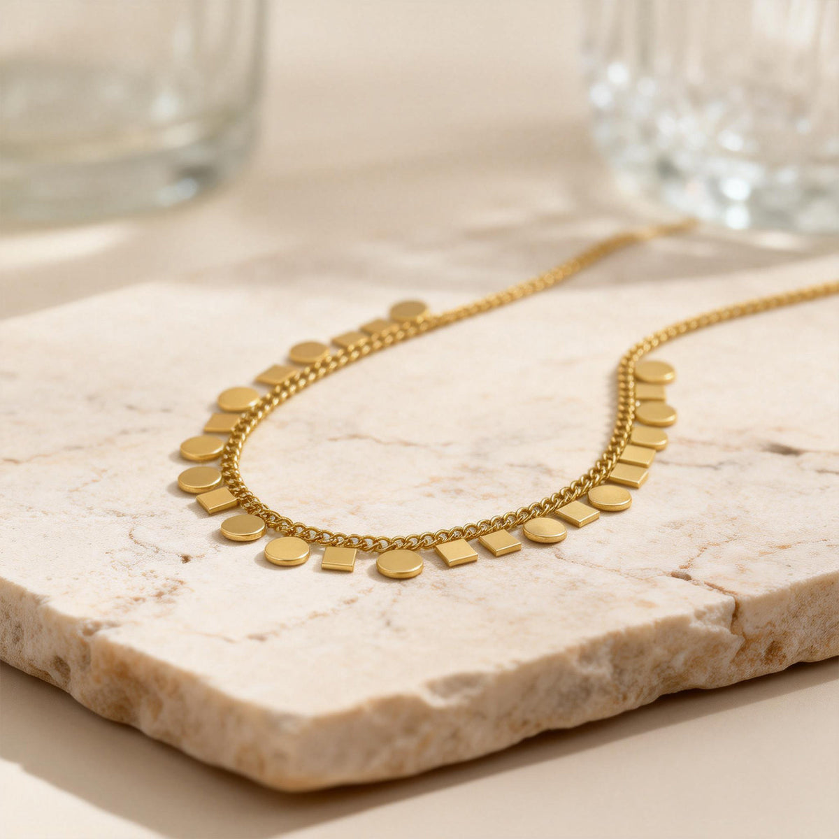 Stainless Steel Collarbone Chain – Gold Heart-Shaped Disc Button Chain – Twist Square Necklace
