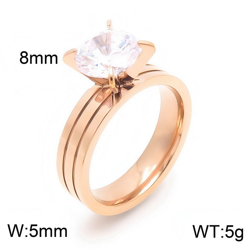 Four-Claw Zircon Double-Groove Ring, Fashionable Stainless Steel Couple Marriage Proposal, Women's