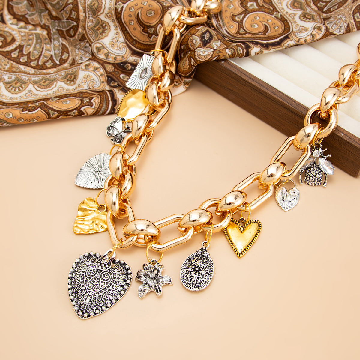 Mixed-Color Flower, Heart & Butterfly Necklace