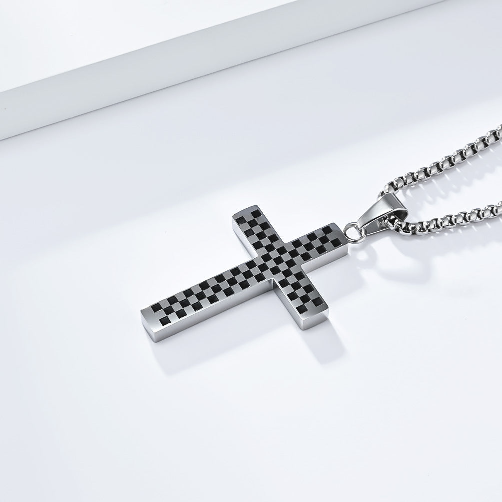 Planderful Titanium Steel Cross Necklace For Men And Women With Black And White Grid Racing Flag Pendant