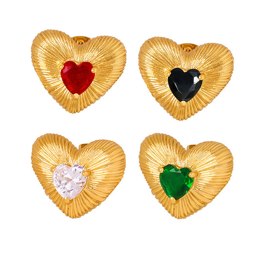 Textured Heart-Shaped Zircon Stud Earrings with French Flair