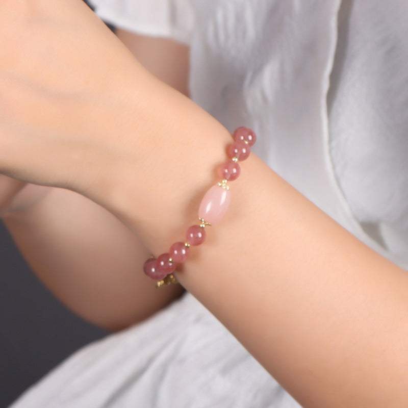 Whale Ripples Natural Strawberry Crystal Bracelet with Pink Crystal Bucket Bead Movement Hand Strand Jewelry