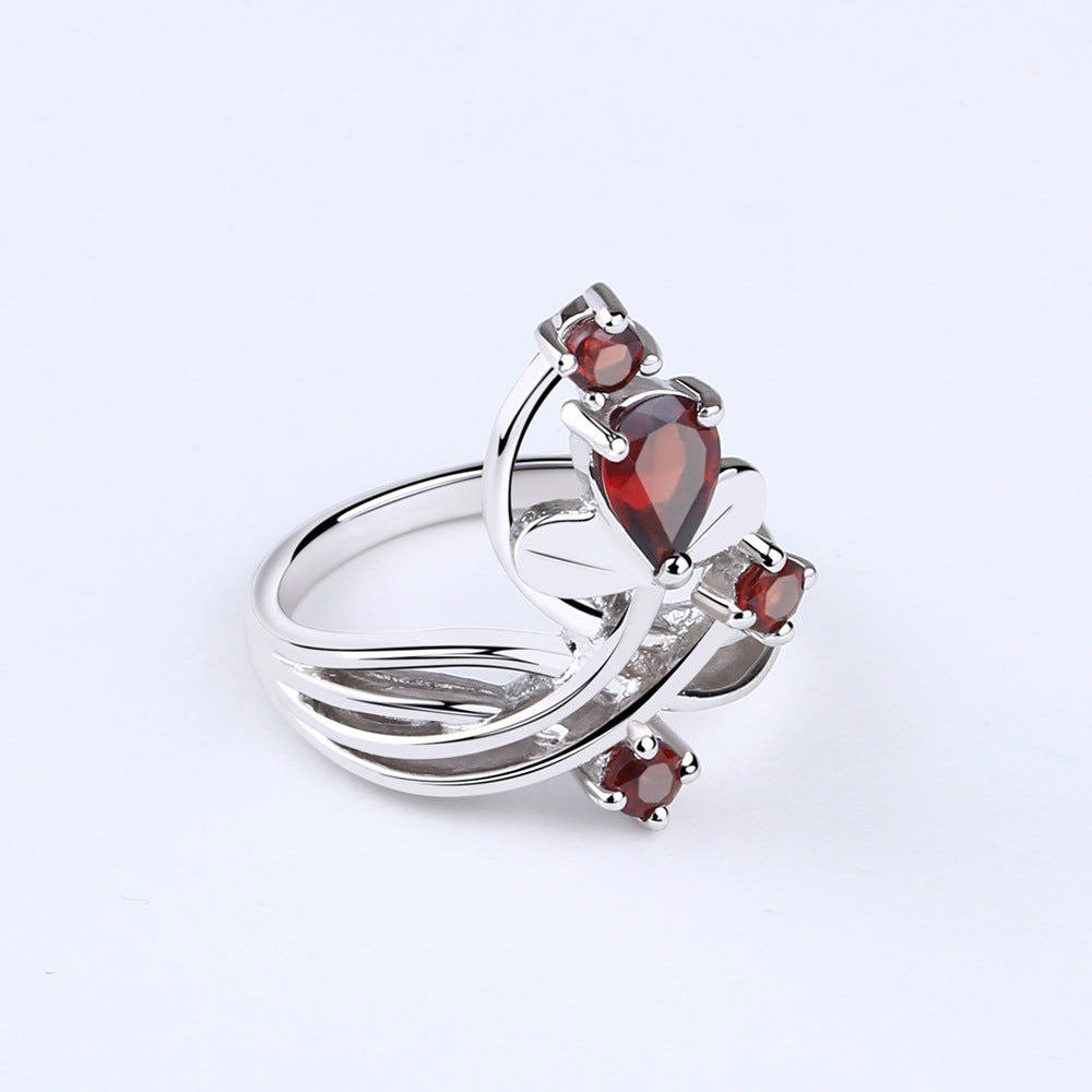 Flower Branch Natural Gemstones Silver Ring