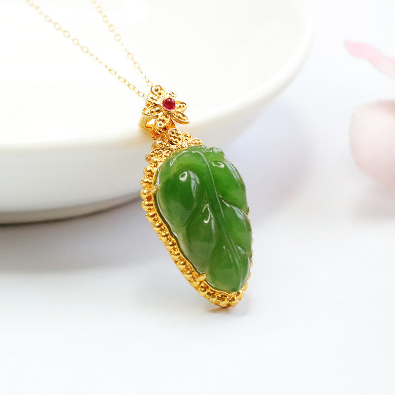 Jewelry Necklace Featuring Jasper Leaf Red Zircon Pendant with Authentic Hetian Jade