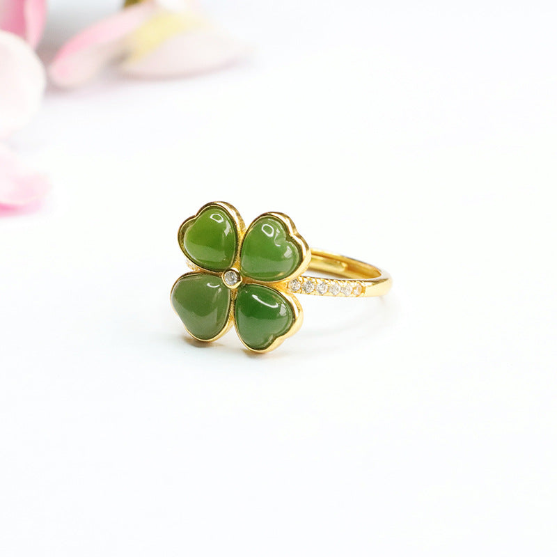 925 Sterling Silver Hetian Jasper Clover Ring