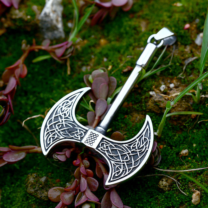 Titanium Steel Double-Sided Viking Axe Pendant with Celtic Knot Design for Men