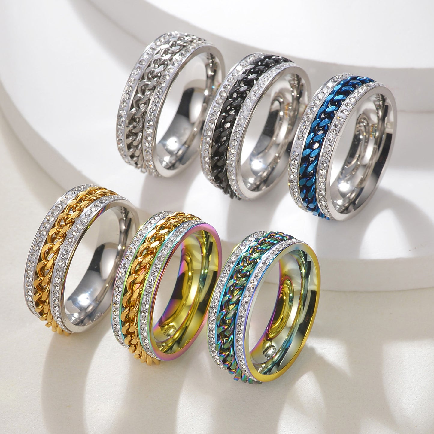 Planderful Everyday Genie Stainless Steel Rotatable Chain Double Row Zircon Couple Ring For Unisex