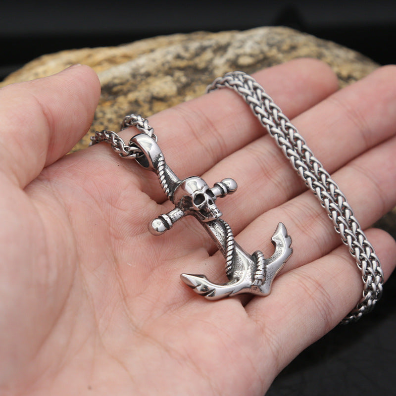 Trendy Titanium Steel Skull Head Anchor Necklace for Men