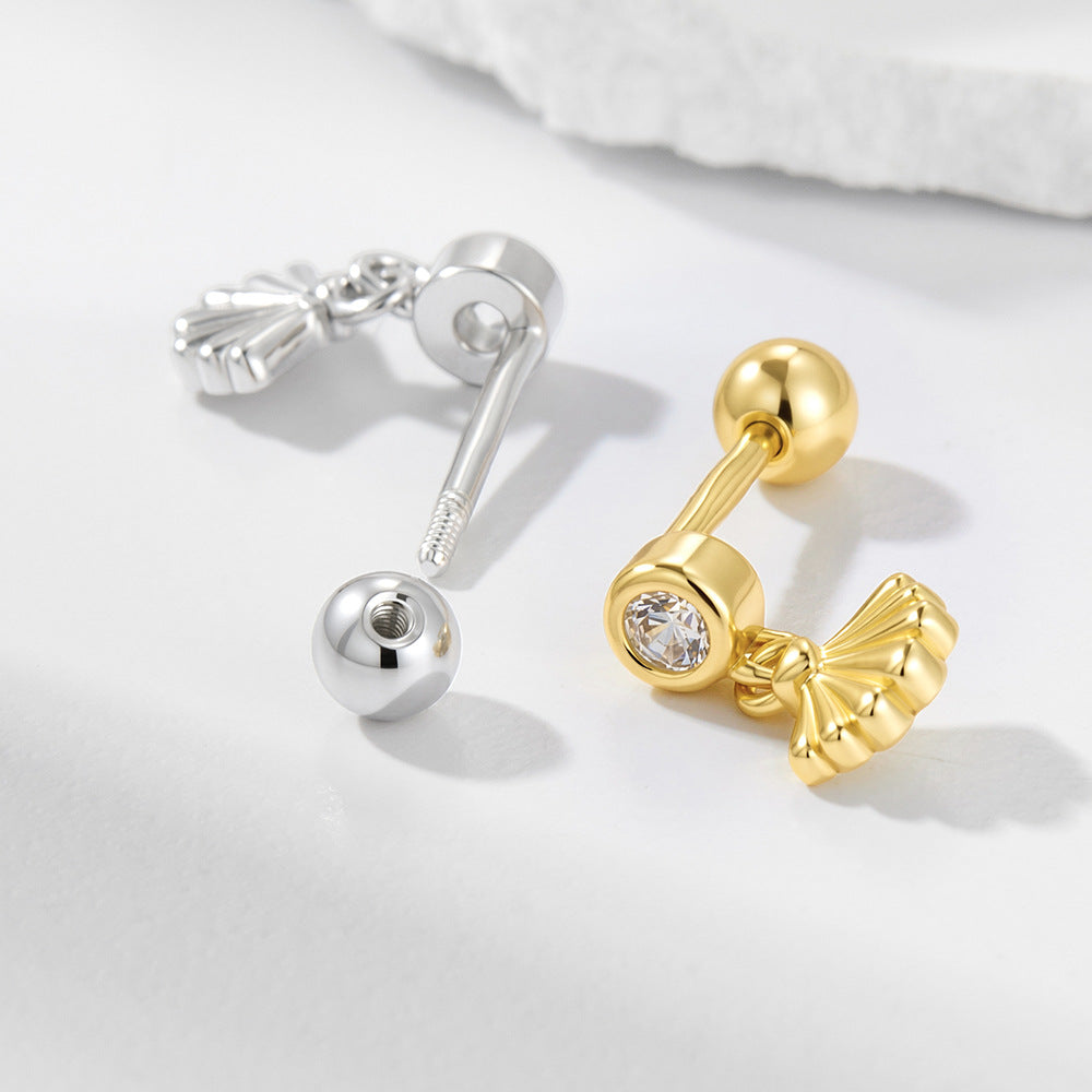 S925 Sterling Silver Ocean Shell Pattern Inlaid Zircon Thread Piercing Earbone Studs Earrings