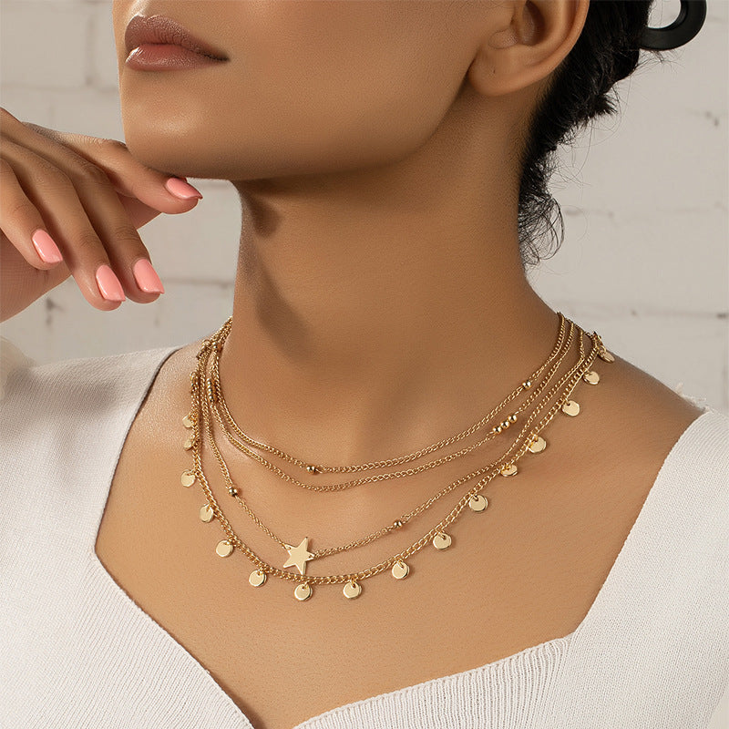 Five-Pointed Star Metal Disc Necklace with European and American Style Clavicle Chain