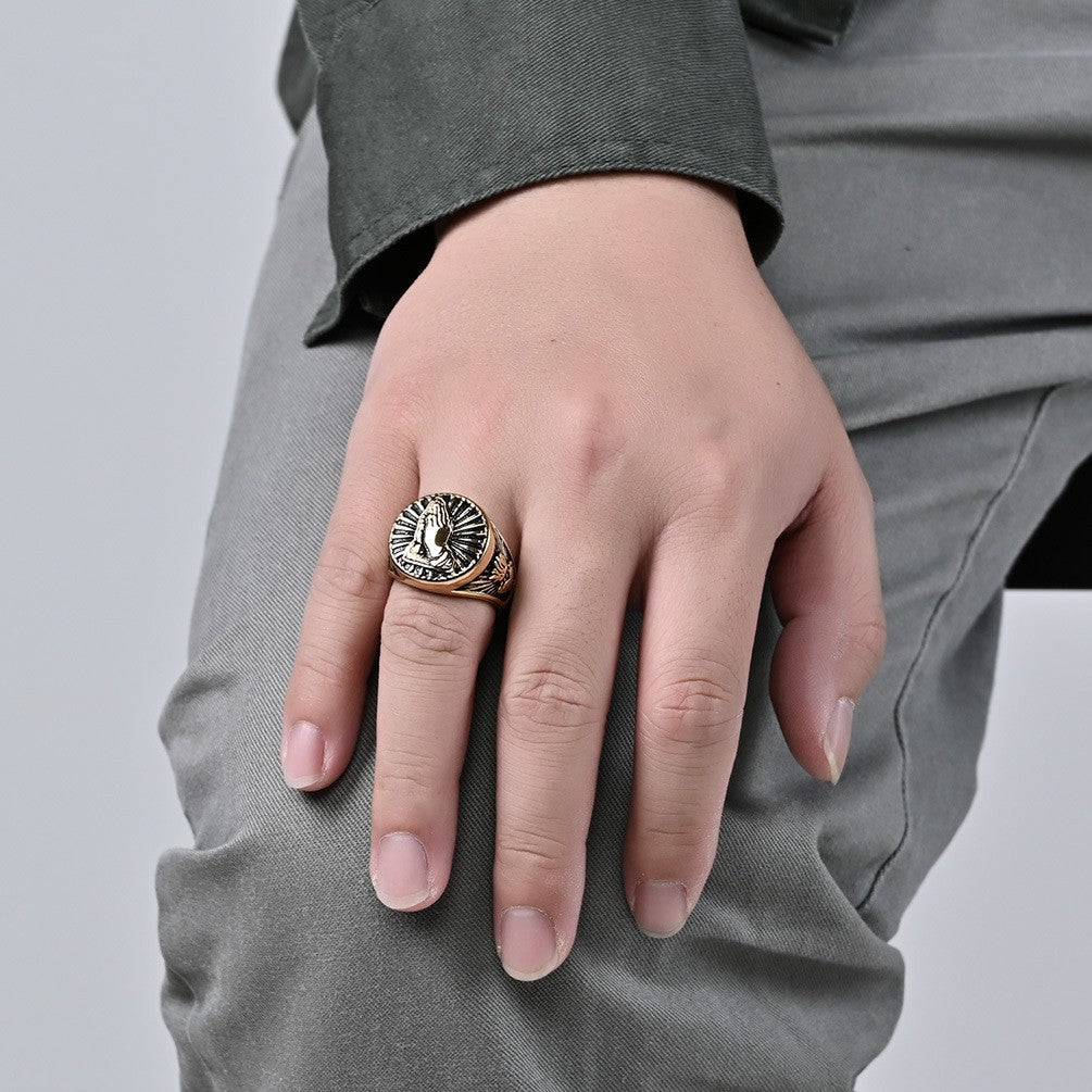 Prayer Hand Ring Planderful Unisex Steel Gold Plated Hip Hop Style Jewelry Vintage