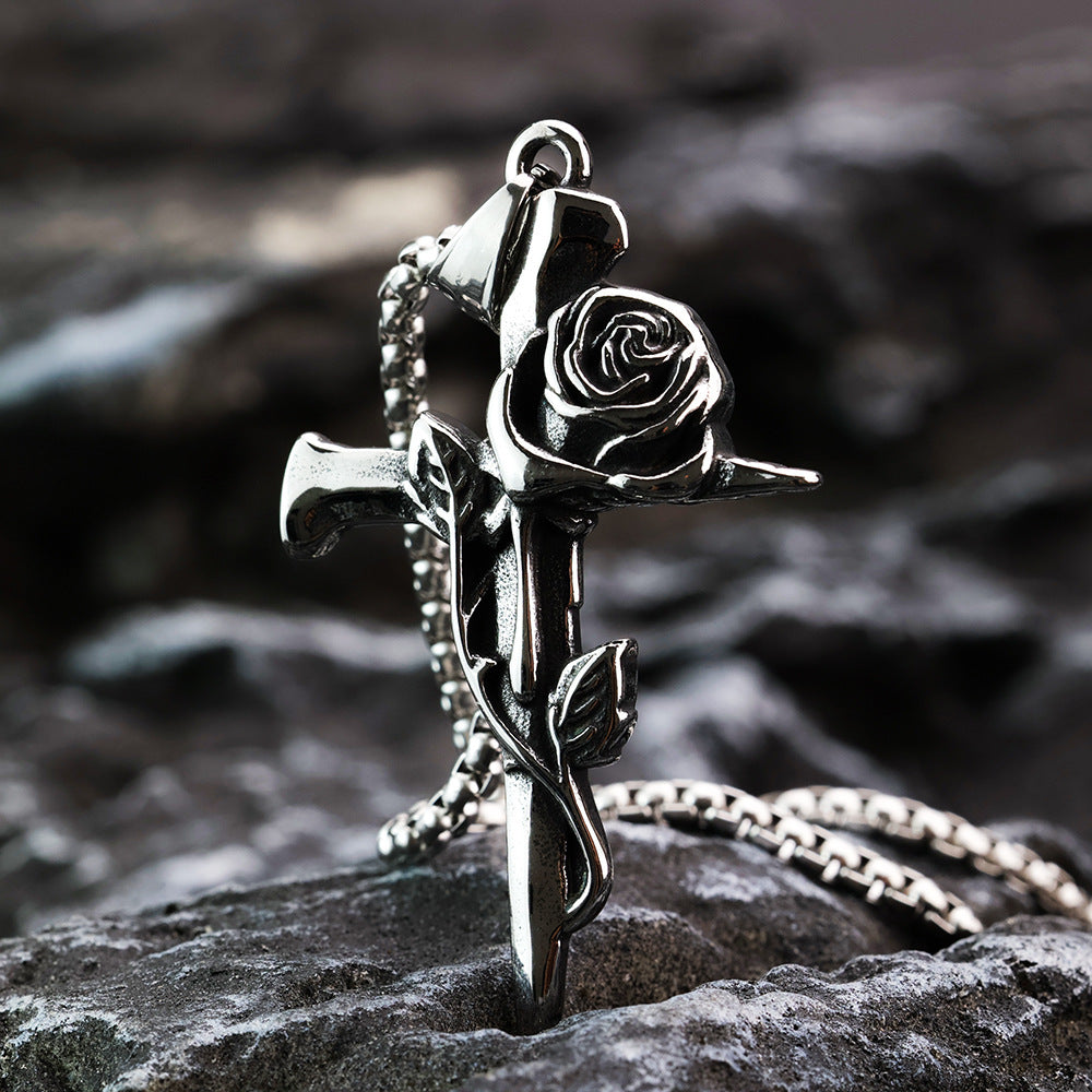 Planderful Rose Cross Pendant Necklace For Men In Stainless Steel Everyday Genie Collection