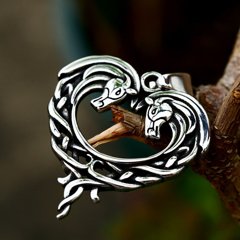 Titanium Steel Double Horse Love Pendant - Nordic Retro Viking Celtic Knot Design for Men