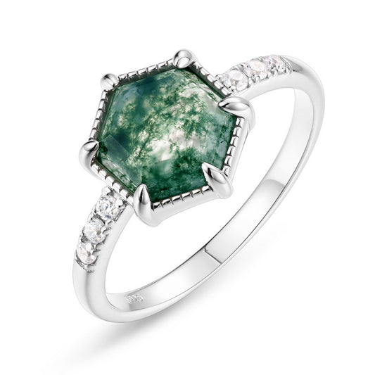 Planderful Jewelry Green Moss Agate Ring In Sterling Silver S925 Elegant Everyday Wearable Gem