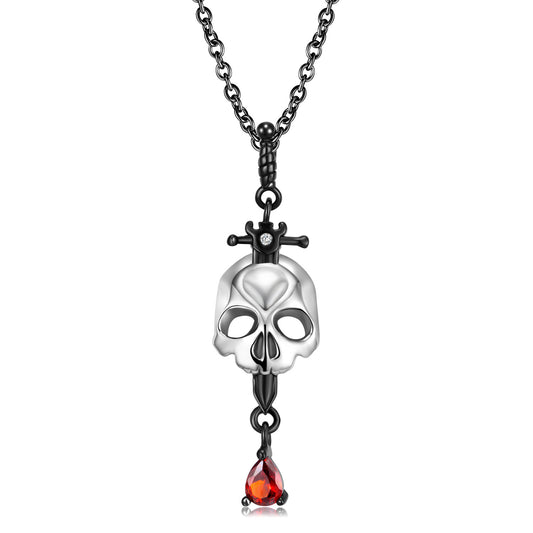 Halloween Skull Cross Sword Red Zircon Silver Necklace