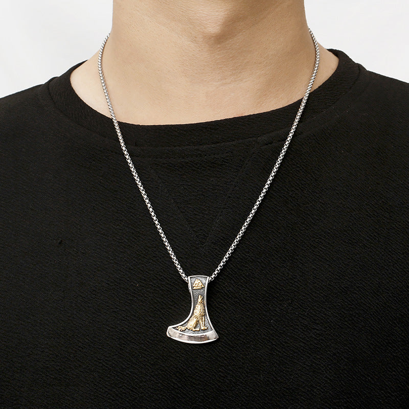 Viking-Inspired Stainless Steel Men's Pendant with Double-Sided Axe and Direwolf Design