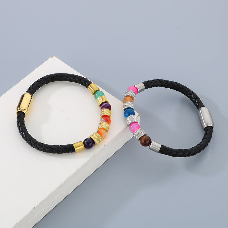 Planderful Men Magnetic Buckle Quartz Stone Leather Bracelet