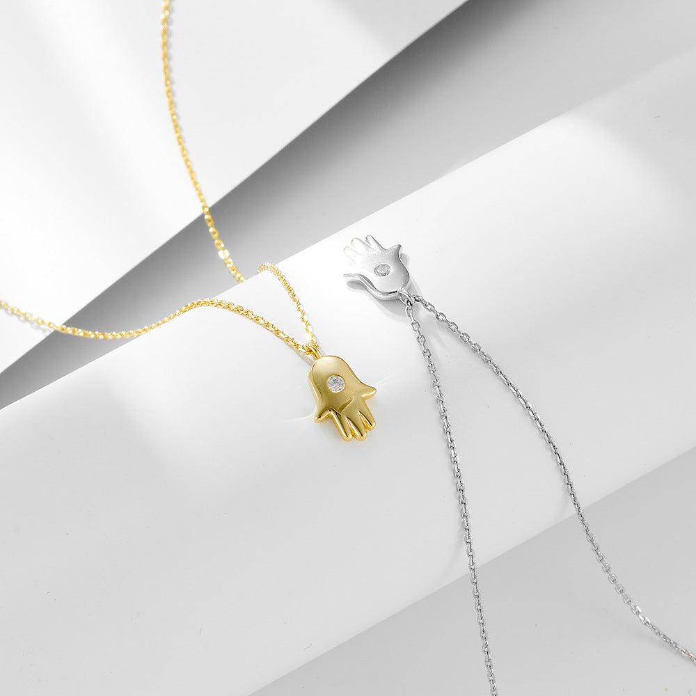 Hip Hop Personality Zircon Fatima Palm Pendant Necklace 925 Sterling Silver Women