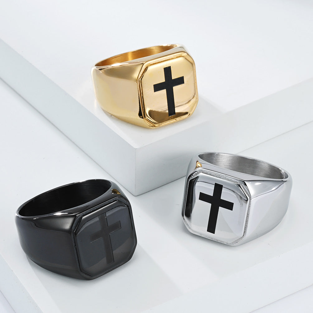 Planderful Titanium Steel Cross Ring For Men - Trendy Modern European American Style Jewelry