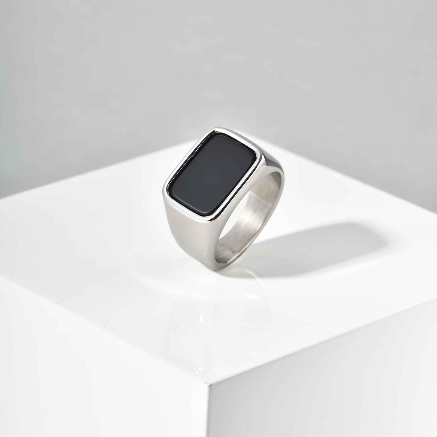 Stainless Steel Geometric Square Black Glass Stone Ring Mens