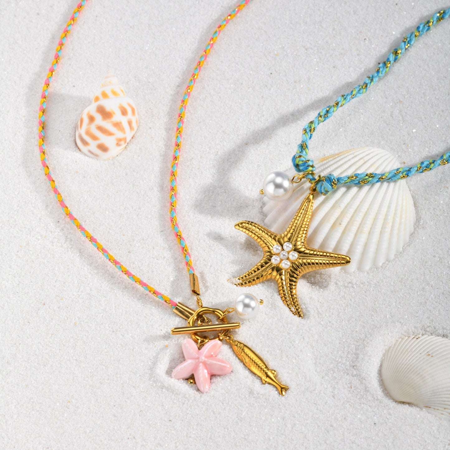 Hot-Selling Temu Ocean Wind Stainless Steel Sea Star Imitation Pearl Blue Braided Rope Necklace