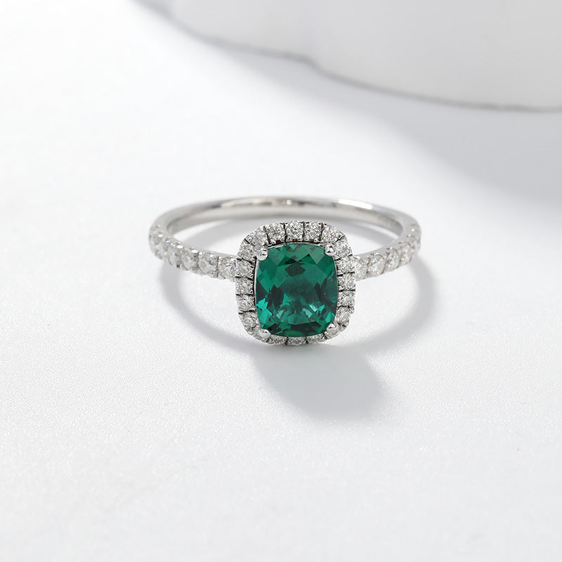 S925 Silver Ring 1.5 Carat Cushion Cut Lab Grown Emerald Halo