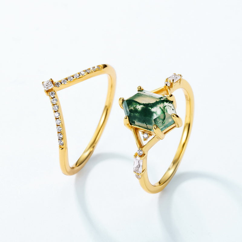 S925 Sterling Silver Gold-Plated Moss Agate Signature Ring