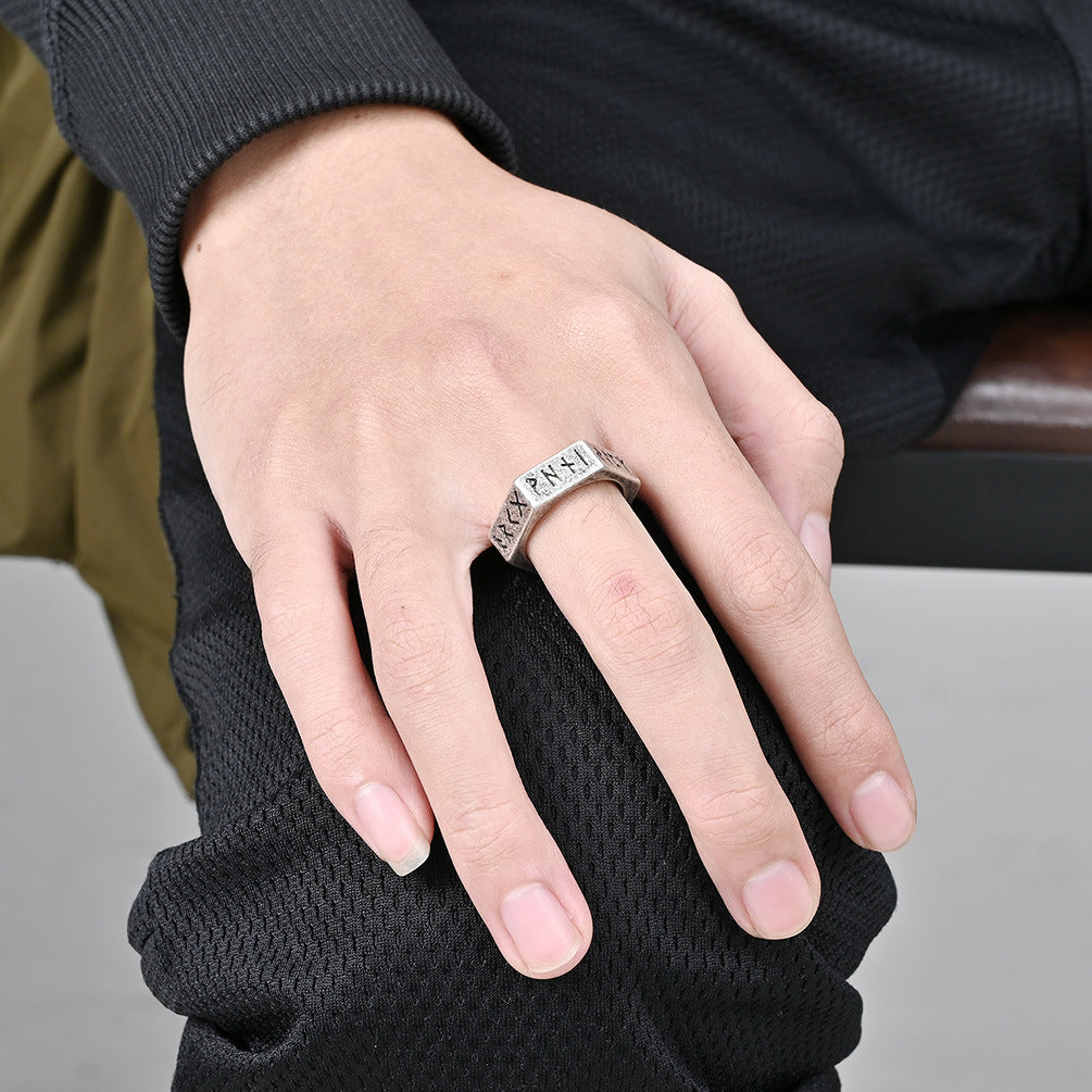Planderful Everyday Genie Stainless Steel Ring With Hexagonal Niche And Pirate Viking Text For Hipster Vibe