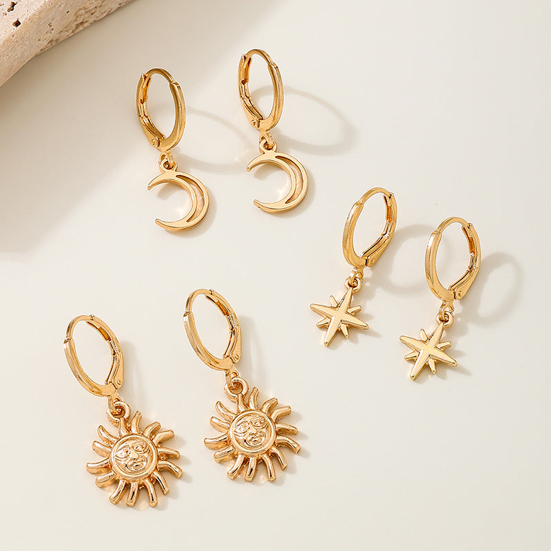 Planderful Vienna Verve Earrings Set – Exquisite Metal Stars and Moon Design