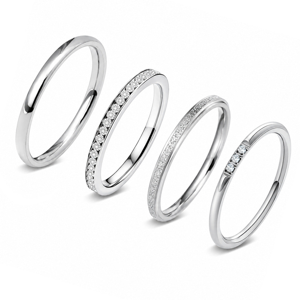 Planderful Everyday Genie Unisex 4 Piece Stacked Stainless Steel Ring Set With Matte Zircon Accents