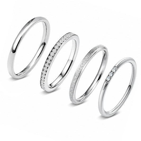 Planderful Everyday Genie Unisex 4 Piece Stacked Stainless Steel Ring Set With Matte Zircon Accents