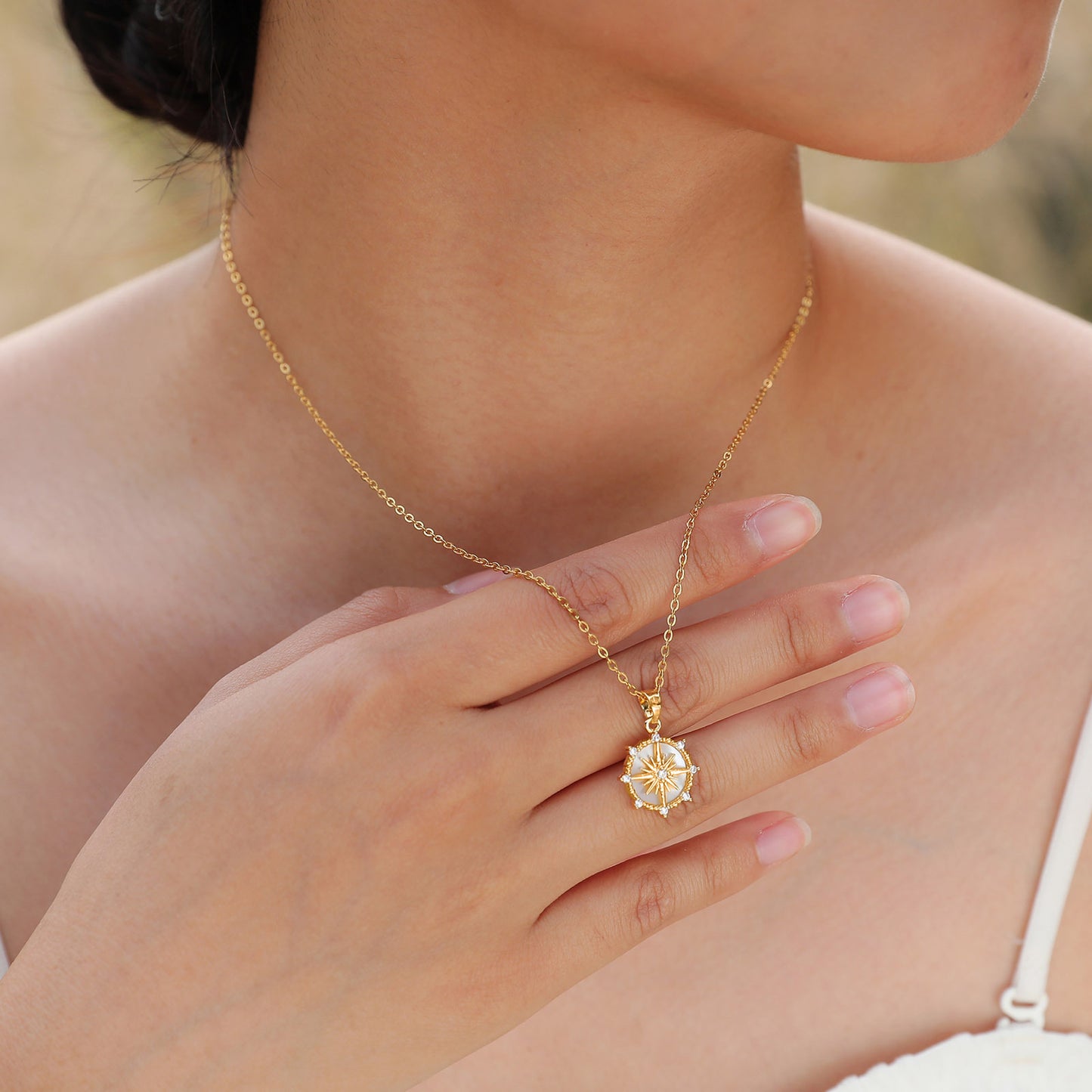 Zircon Shell Sun Pendant Necklace in Copper 18K Gold Beauty