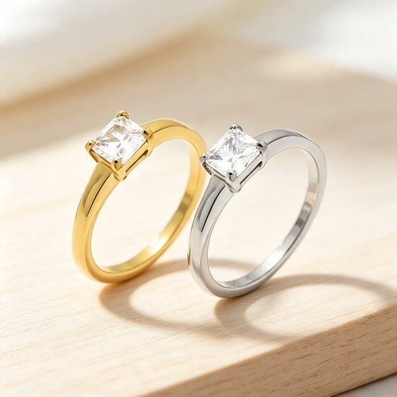 Stainless Steel Marriage Proposal Zircon Ring Four-Claw Inlaid Round Zircon Square