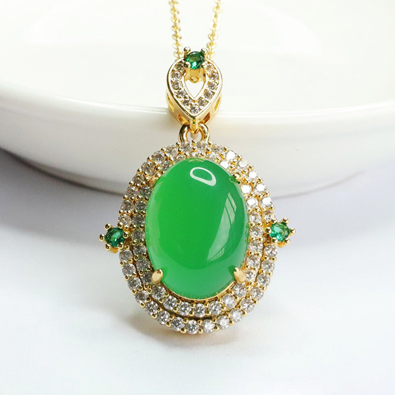 Double Halo Red Agate Zircon Golden Pendant with Oval Ice Chalcedony