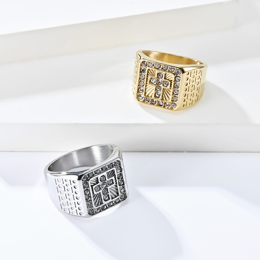 Planderful Hip Hop Mens Cross Ring Titanium Steel Plated 18K Gold Zircon Premium Light Luxury Jewelry