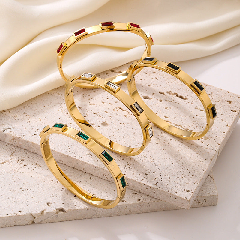 Planderful Jewelry Emerald Square Stainless Steel Bracelet With Zircon For Women