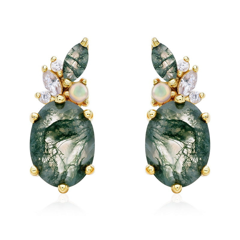 S925 Sterling Silver Moss Agate Oval 6 × 8 mm Stud Earrings