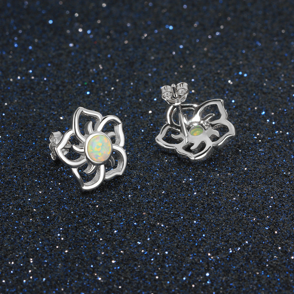 Planderful Jewelry Opal Earrings In Sterling Silver Flower Studs For Everyday Elegance