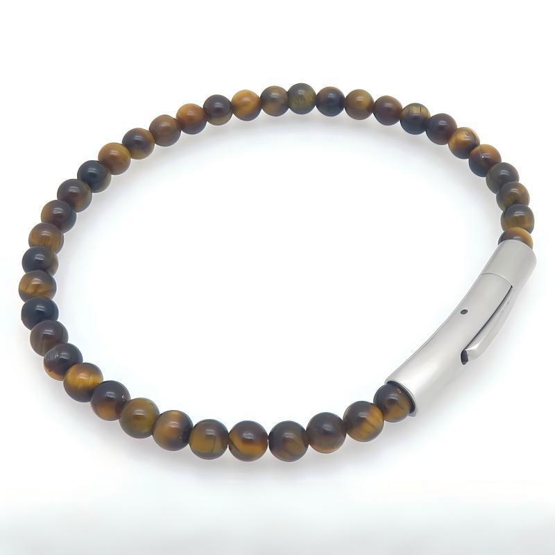 Beaded Bracelet Tiger's Eye Stone Black Agate Stainless Steel Snap Button Unisex Bracelet.